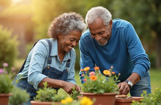 Joyful African elderly couple planting flowers in home garden. Woman focuses on face, smiling. Springtime activity, mature lifestyle, ethnic people enjoying hobby together outdoors.