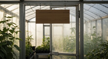 Weathered greenhouse door with hanging wooden sign and vibrant g
