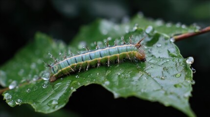 Fototapeta premium Caterpillar on wet leaf