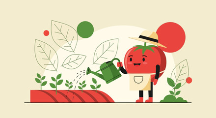 Happy Tomato Character Caring for His Garden with Watering Can Illustration