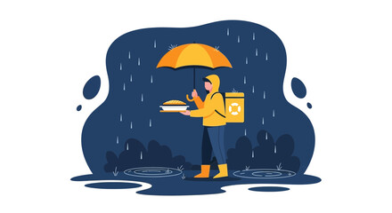 Reliable Food Delivery Service Provider Delivering In The Rain With Umbrella