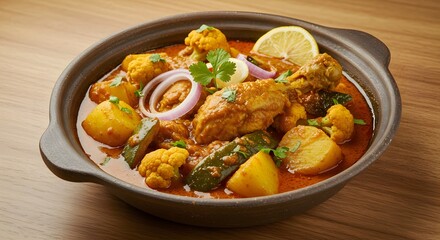 Fototapeta premium Rich and Flavorful Curry Served with Steamed Rice – Spiced Sauce with Meat or Vegetables, Aromatic Herbs and Creamy Texture, Traditional Asian Comfort Food