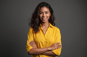 Smiling black woman in yellow shirt portrait. Confident woman, student, with natural beauty, dark skin tone, poses with crossed arms in studio against grey background. Positive emotion, healthy