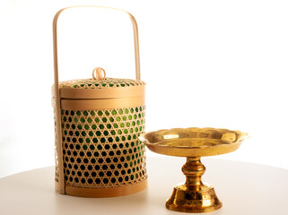 Traditional Thai Bamboo Basket and Brass Pedestal Tray on White Background