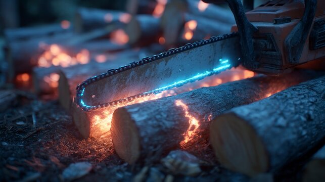 Chainsaw cutting logs in campfire