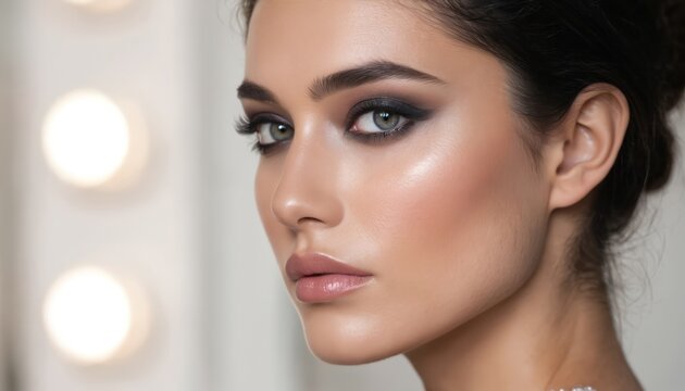 Elegant woman flaunts dramatic smoky eye makeup. Closeup portrait reveals sophisticated glamour, alluring style, and flawless complexion. Pro studio lighting accentuates chic, confident beauty.