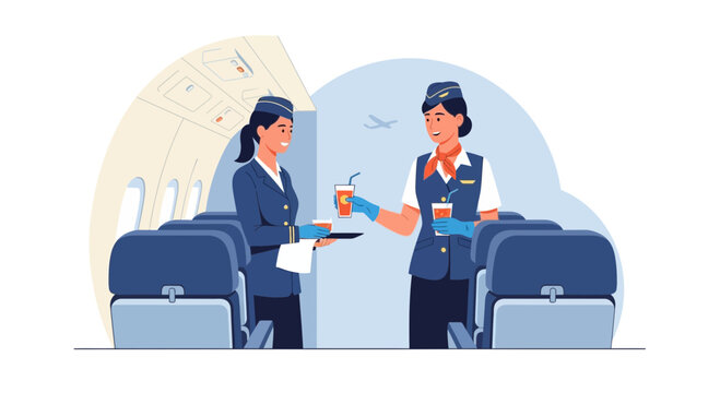Professional Air Hostesses Serving Refreshments Inside Airplane Cabin Illustration