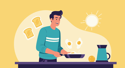 Man Preparing Delicious Sunny Side Up Eggs And Toast For Breakfast Cartoon