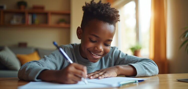 Young Black boy focused on homework at table. Smiles writing with pen in notebook, developing academic knowledge. Home study, education, kid growth, learning process, test preparation, creative