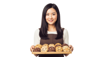 A smiling woman holding a tray of assorted decorated cookies with chocolate and gingerbread details