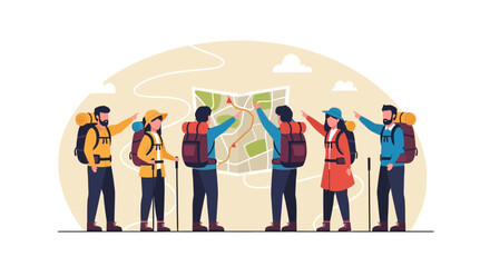 Obraz premium Hiking Adventure Group Touring Route With Map And Backpacks Discussing Way