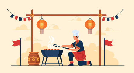 Outdoor Cooking Celebration With Chef Grilling Under Festive Decorations And Lanterns