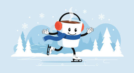 Obraz premium Hot Chocolate On Ice Cute Character Having Fun In Winter Landscape