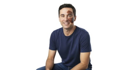 A man with a birthmark on his face sitting down wearing a blue shirt and jeans looking at the camera smiling