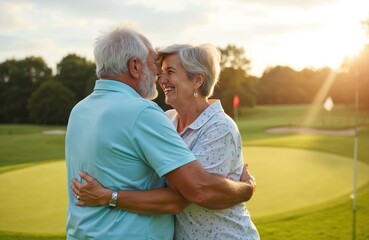 Happy mature couple embraces on golf course at sunset. Friends and family enjoy bonding during summer vacation golf challenge. Love and smiles shared while practicing hobby and fitness.