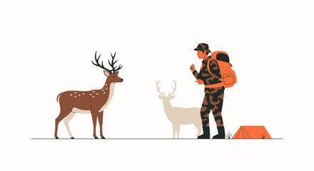 Fototapeta premium Hunter Encounters Deer During Expedition In Natural Outdoor Landscape Scenery