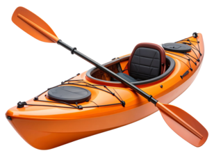 Adventure-style orange touring kayak with front and rear cargo netting, molded seat,