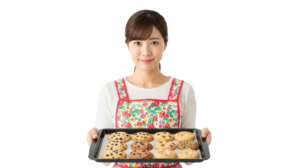 A woman in an apron holding a baking sheet full of cookies with a smile on her face in a studio shot