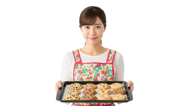A woman in an apron holding a baking sheet full of cookies with a smile on her face in a studio shot - Powered by Adobe