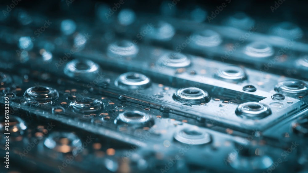 Poster uniform droplets occupy pcr reaction chambers on a chip, demonstrating controlled fluid dynamics dur