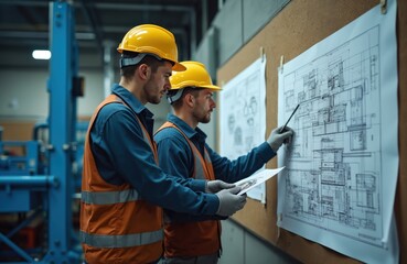 Two factory workers in hard hats, safety vests examine detailed blueprints on corkboard. Discuss technical drawings, focusing on construction plans, machinery layout within industrial setting.