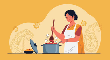 Indian Woman Cooking Traditional Food At Home In Her Kitchen Isolated