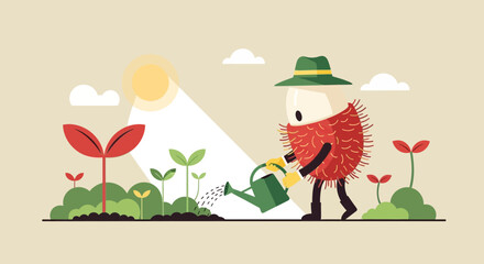 Fototapeta premium Rambutan Farmer Watering Plants Under The Shining Sun With Greenery Background