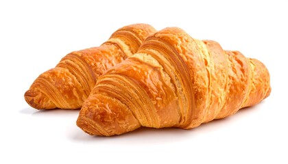 Two golden croissants on white background
