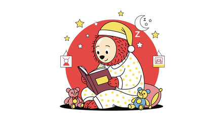 Obraz premium Reading Before Sleep Furry Cartoon Character Wearing Pajamas With Teddy Bears