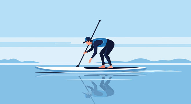 Man Stand Up Paddling On Peaceful Blue Water Vector Illustration