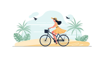 Serene Woman Cycling By The Coast In Summer Vacation And Relaxing Moment