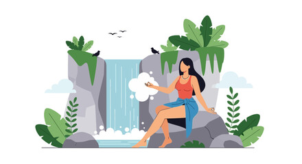 Serene Woman Meditating By Waterfall In Lush Green Natural Landscape