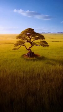 Solitary Tree in Lush Green Field with Person Meditating Beneath in Peaceful Lands
