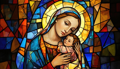 Colorful stained glass illustration Virgin Mary holding baby Jesus Christ in minimalist style. Vibrant religious artwork features rich blues, yellows, reds. Offers spiritual symbolism, devotion,