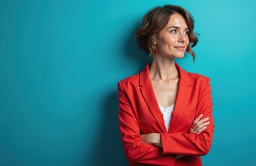 Attractive woman with bob haircut, wearing red blazer and white top, arms crossed. Confident pro lady against bright blue background with copy space, symbolizing career success.