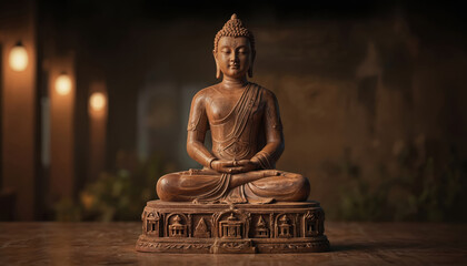 Fototapeta premium Serene wooden statue of Buddha in meditation pose. Intricate carvings of temples, symbols adorn base. Warm lighting, soft focus create peaceful spiritual atmosphere, perfect for themes of religion,