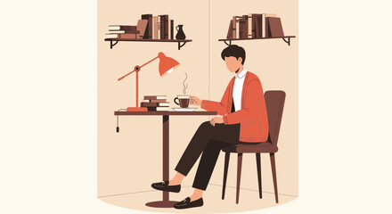 Fototapeta premium Relaxed Reading: A Man Enjoying Coffee and Books in a Cozy Room