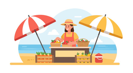 Smiling Female Vendor Selling Fresh Fruits At Beach Kiosk Under Parasols