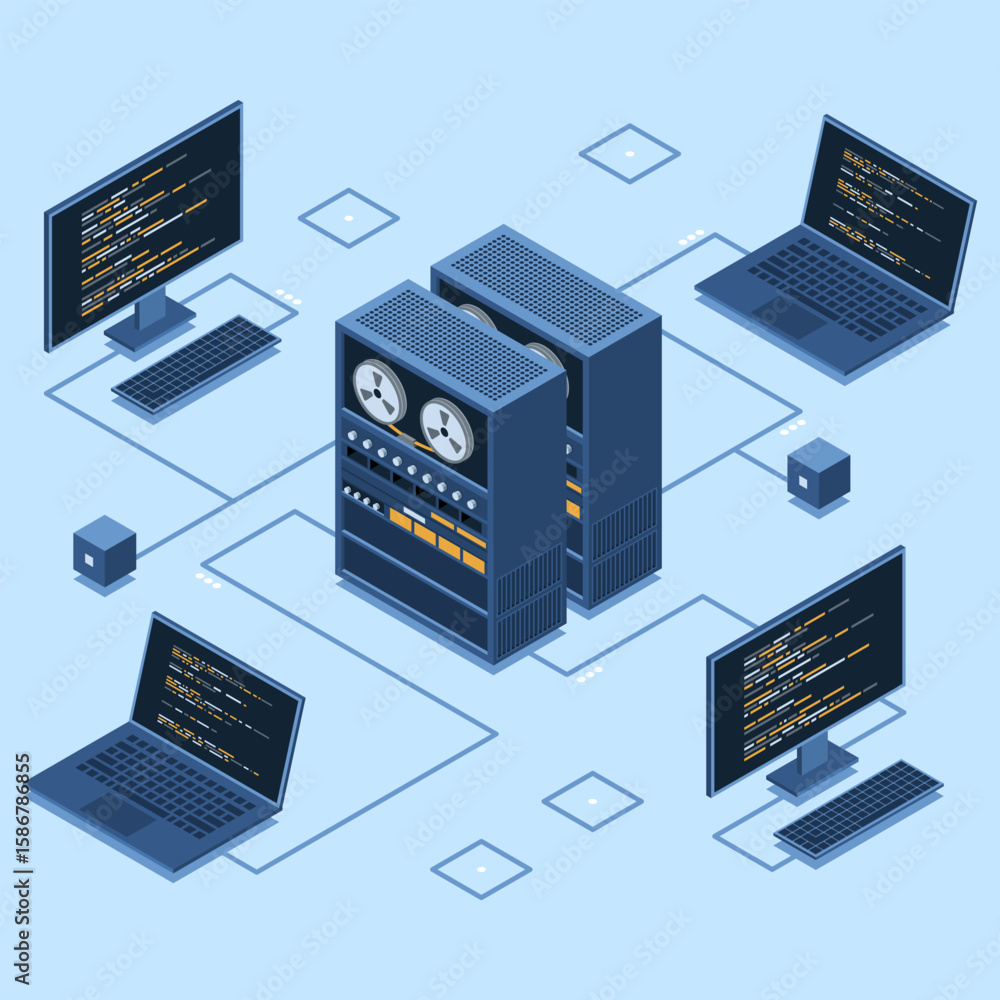 Fototapete Isometric server connecting computers. Network connection. Computing internet digital technology. Web hosting concept. Isometric technology
