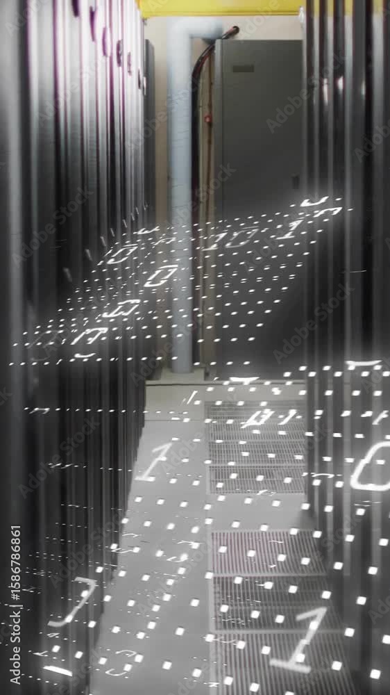 Aufkleber animation of data processing and spots over server room