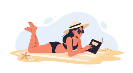 Obraz premium Relaxing Beach Read Girl In Swimsuit With Hat And Sunglasses In Sunny Day