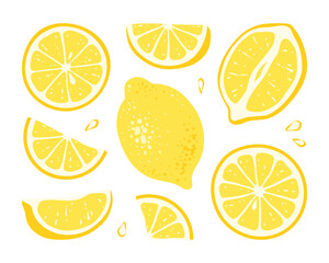 Yellow whole lemon, lemons slices and cut lemon set isolated on transparent background. Fresh citrus fruit. Ingredient for making lemonade. Vitamin C healthy food. Hand drawn vibrant illustration in