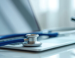Close-up of stethoscope resting on laptop keyboard, telemedicine, remote healthcare consultations. Image represents modern medical technology, online doctor visits, virtual patient care. Focus on