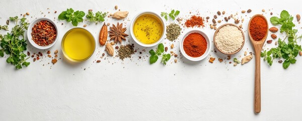 Top view flat lay of cooking ingredients olive oil, spices, herbs, powders arranged on white textured background. Offers ample copy space for text design, perfect for culinary content creators, food