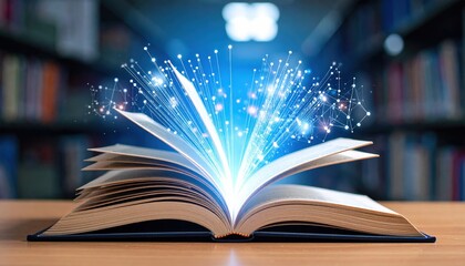 Open Book With Glowing Light Effect In Library