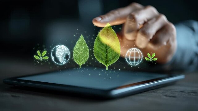 Businessman hand on tablet displays glowing green leaf icon symbolizing green technology, sustainability and growth