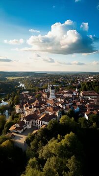 Aerial View of Historic European Town with Red Roofs and River Under Blue Sky with Clouds
