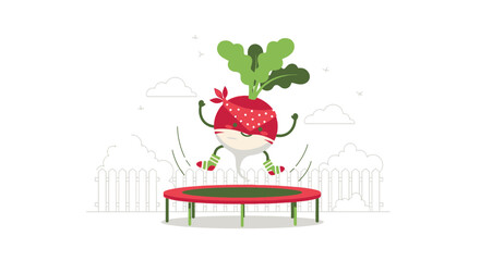 Joyful Radish Cartoon Bouncing On Trampoline In Backyard Illustration