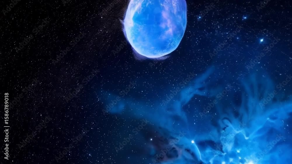 Poster spectacular deep blue nebula with distant moon and sparkling stars floating gently through the infin