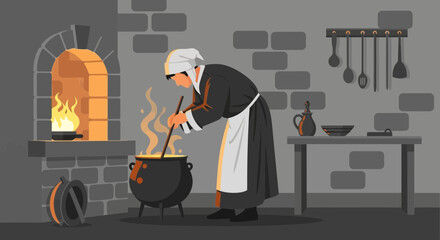 Medieval Kitchen Scene With Cook Preparing A Potion In A Cauldron